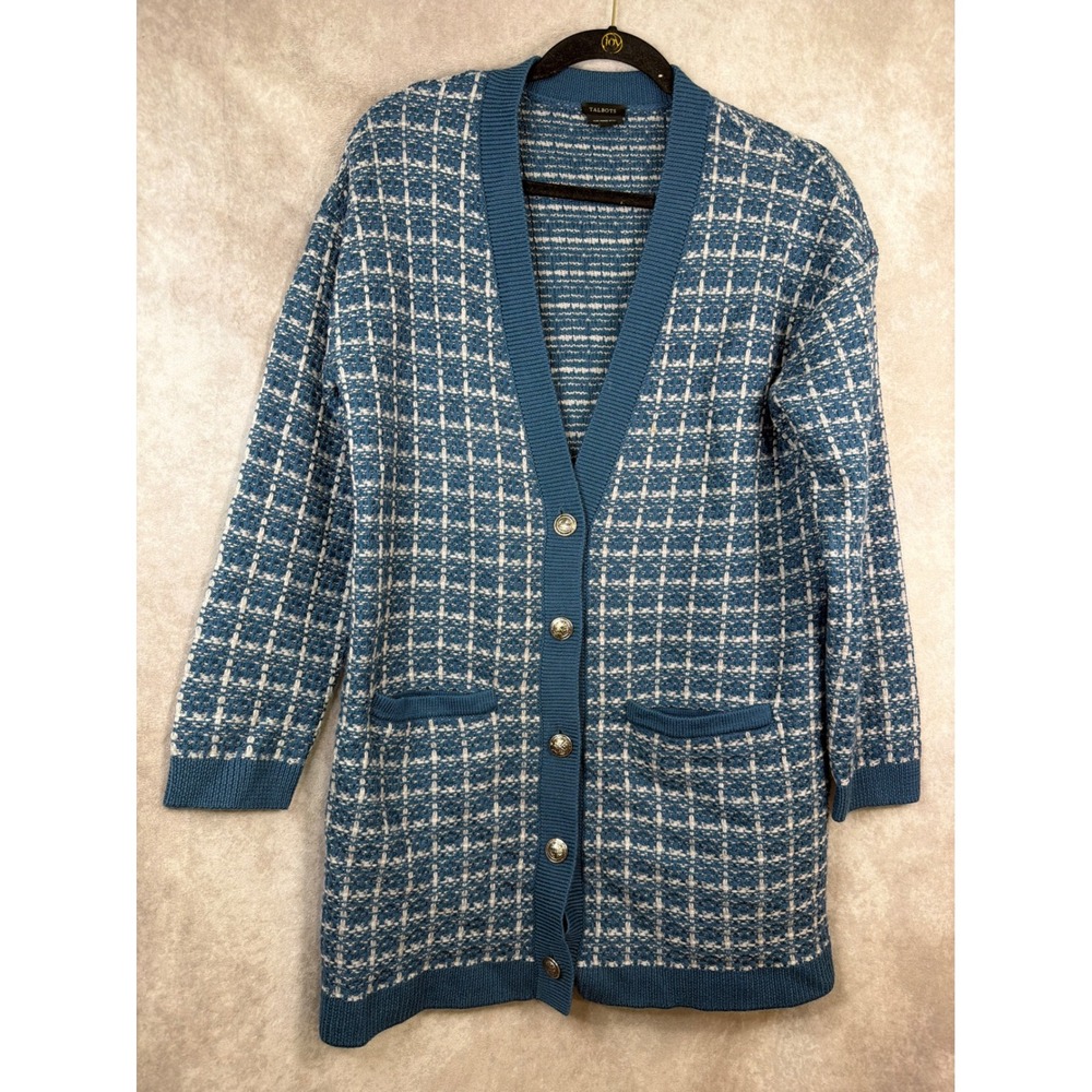 Talbots Cardigan Sweater Womens M Blue Grid Plaid Merino Wool Button Front Long